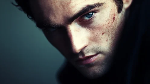 Photorealistic intense male portrait with dramatic chiaroscuro lighting.