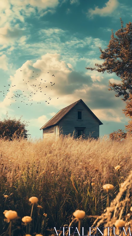 Isolated wooden house in tall dry field under cloudy sky.