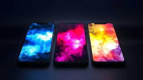 Three smartphones with vibrant abstract smoke wallpapers in dark setting.