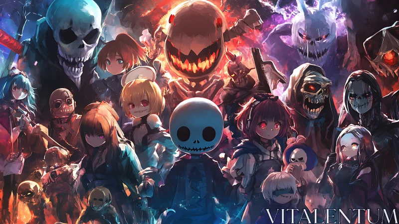 Dark fantasy chibi heroes facing skeletal monster horde.