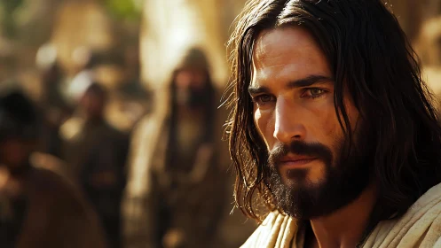 Bearded man in robe with intense gaze in warm sunlight.