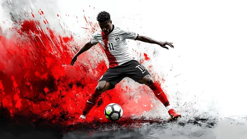 Digital soccer player with red paint effect background.