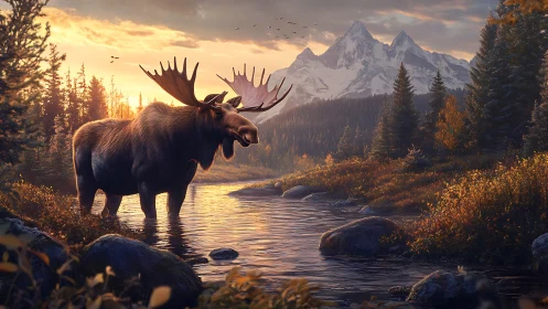 Moose pauses midstream while mountains drink the sunrise glow