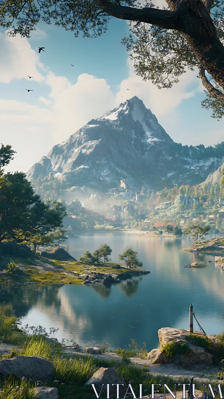 Sunlit mountain lake where quiet waters mirror dreams.