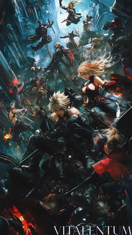 Vertically layered cyber battle scene with dynamic anime combatants