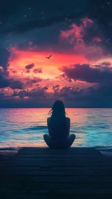 Silhouetted figure observes iridescent ocean under stellar dusk