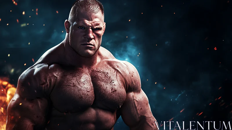 Battle-scarred bodybuilder stands against dark smoky inferno
