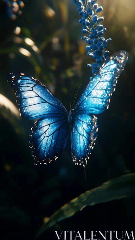 Luminous blue butterfly hovers in sunlit, dreamy forest glow