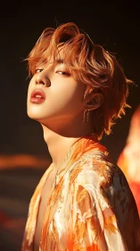 Stylized portrait of person in warm orange kimono robe.