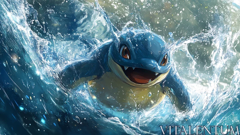 Dynamic aquatic creature bursting through turbulent water spray