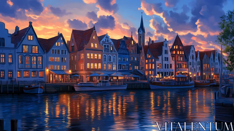 Harborfront town glows under vivid sunset reflections.