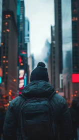 Backlit urban commuter framed by high-rise canyon at blue hour