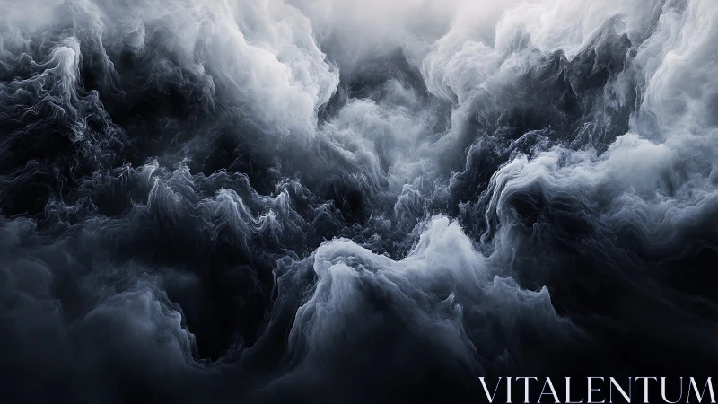 Stormlike monochrome clouds twist in a surreal digital void.