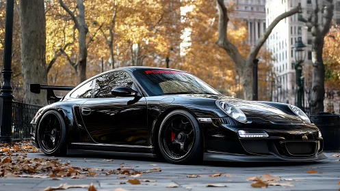 Photorealistic widebody sports car in autumn city streetscape.