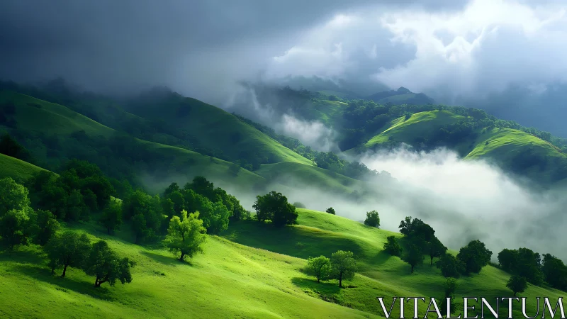 Emerald hills cradle wandering mist under stormlit skies.