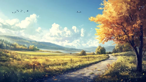 Digital pastoral landscape with autumn tree and winding path.