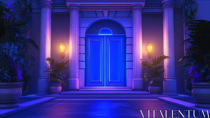 Midnight blue doorway glowing with cozy lantern light.