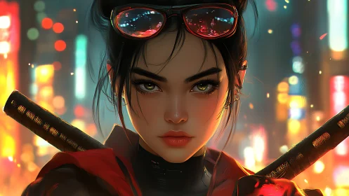 Cyberpunk portrait of neon-lit katana vigilante, close-up focus.