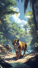 Sunlit jungle pathway welcomes a confident tiger’s stroll