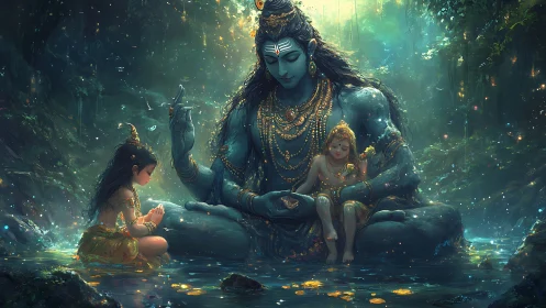 Blue-skinned deity sits with children in glowing forest pool