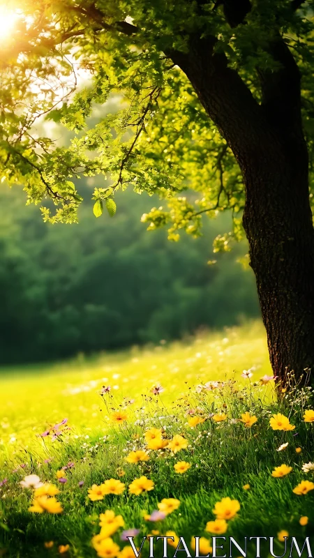 Sunlit meadow daydream beneath a sheltering green tree.