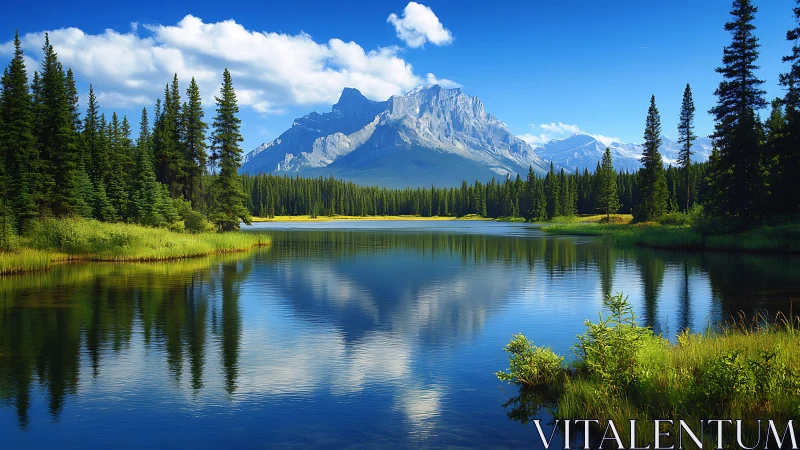 Mountain lake with conifer forest and clear sky reflection.