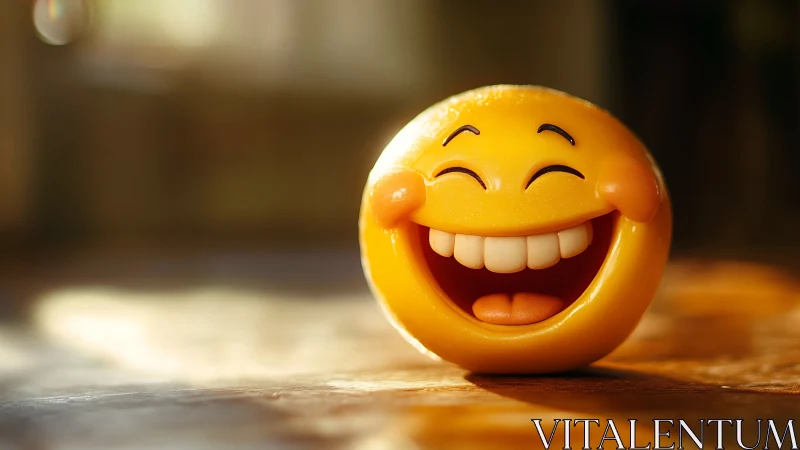 High-gloss laughing emoji sphere under warm directional lighting