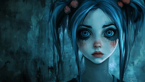 Moonlit ink tears orbit wide blue eyes in haunted hush