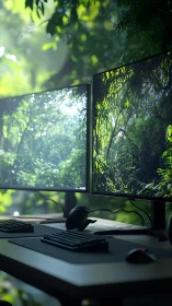Dual jungle monitors crown a moss-kissed minimalist desk.