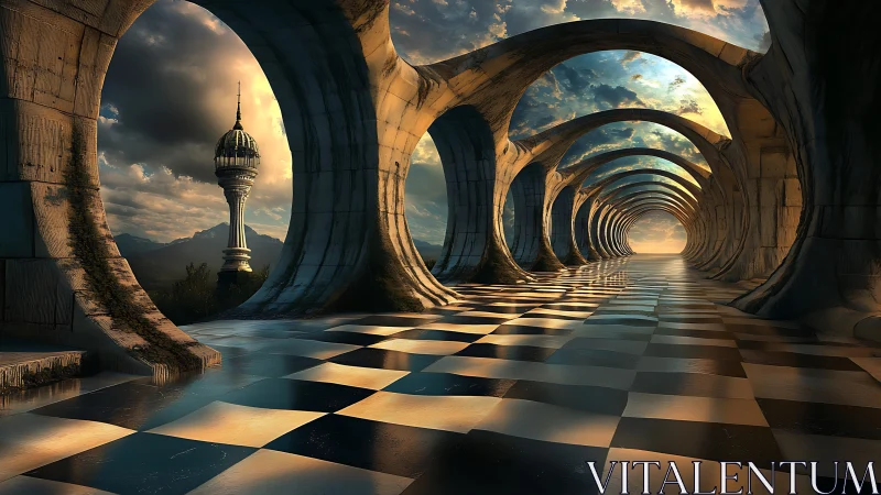 Sunlit archway tunnel over a dreaming chessboard horizon.