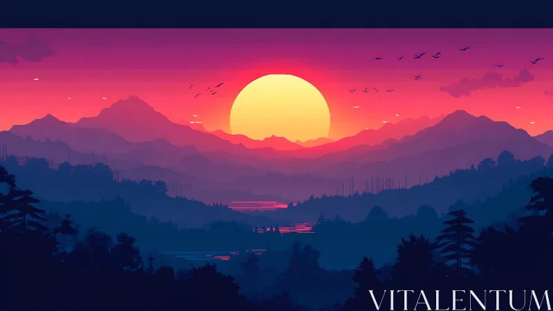Sunset illuminates layered mountains and forest silhouettes