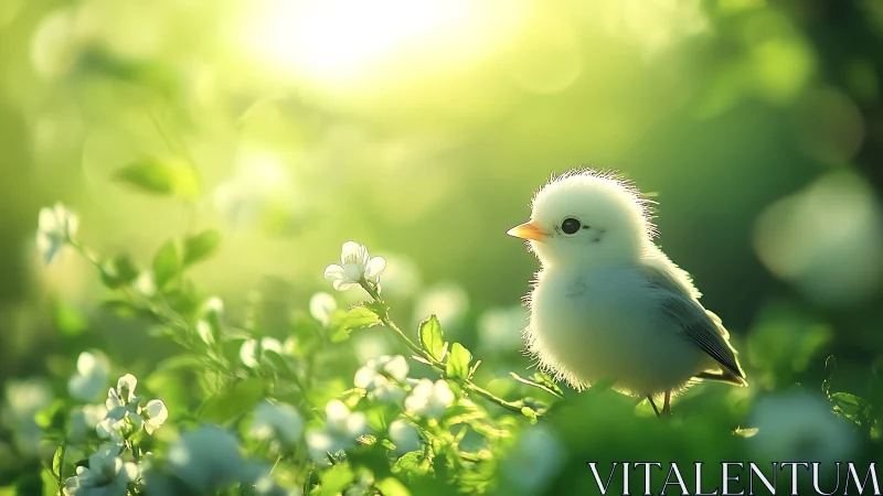 Fluffy white chick stands among green leaves and flowers