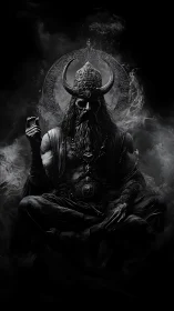 Dark throne deity in chiaroscuro digital painting composition.