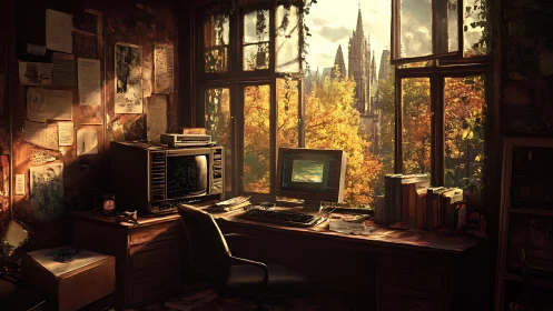 Retro workstation overlooks autumnal cathedral skyline.