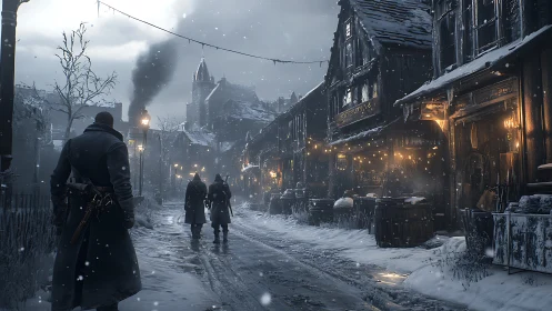Snowbound Victorian alley rendered with cinematic volumetric lighting