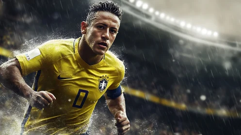 Racing through the rain under bright stadium lights.