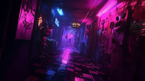 Neon nightmare corridor with lurking animatronic bunny sentinel.