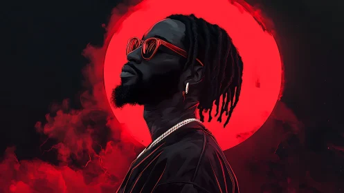 Stylized portrait places confident figure before red moon