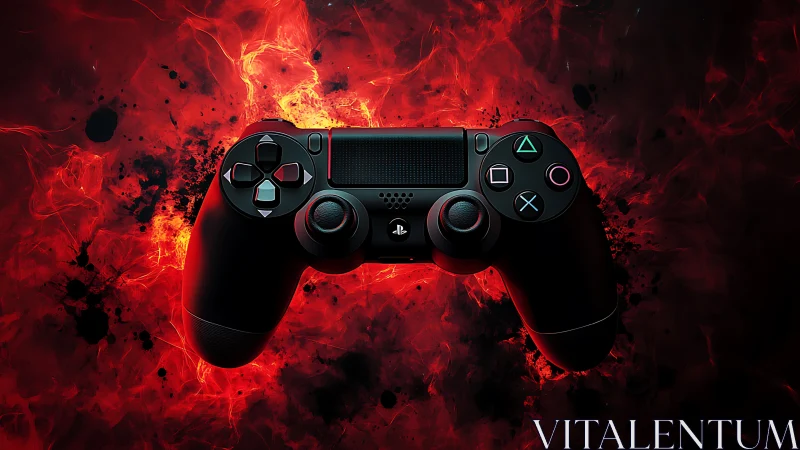 Gamepad ignites against infernal red energy storm backdrop.