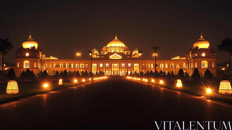 Symmetrical domed palace facade under axial nocturnal lighting.