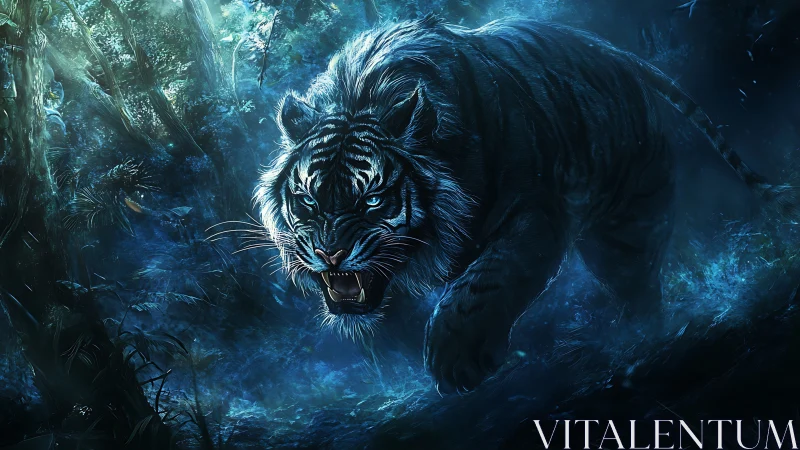 Snarling blue tiger stalks through bioluminescent jungle night