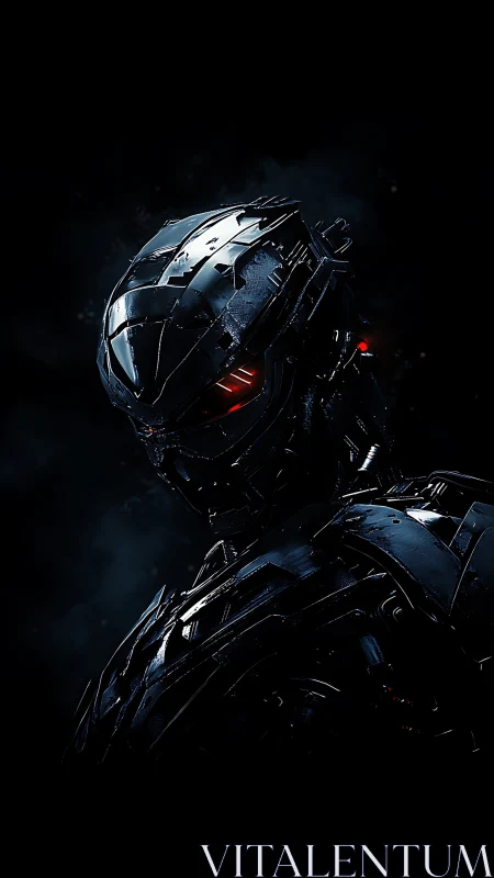 Midnight cyber guardian with glowing crimson gaze.