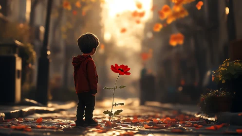 Child stands on cobblestone street observing single red flower