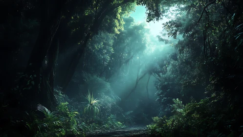 Dense Forest Canopy with Diffused Sunlight Through Vegetation