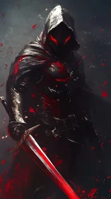 Hooded spectral assassin with crimson energy blade, mid-strike.