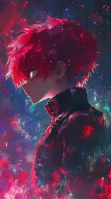 Profile view of red haired anime figure in abstract field.