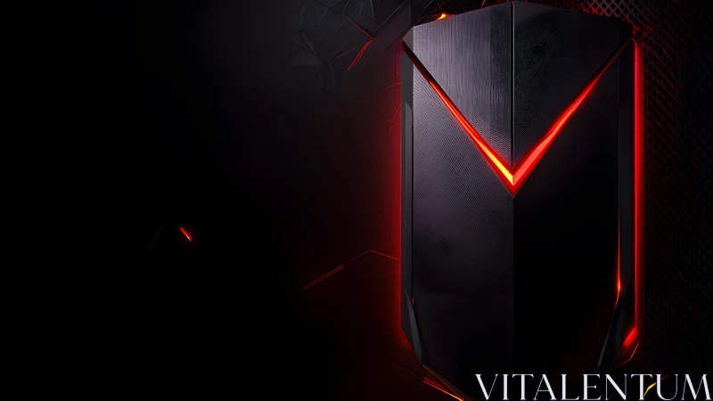 Futuristic black gaming shield with sharp red neon accents, digital art.