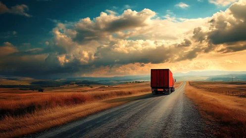 Crimson freight truck climbs a glowing prairie horizon road.