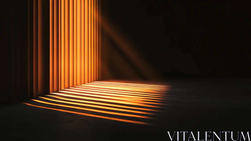 Golden light cuts through vertical slats into the dark room