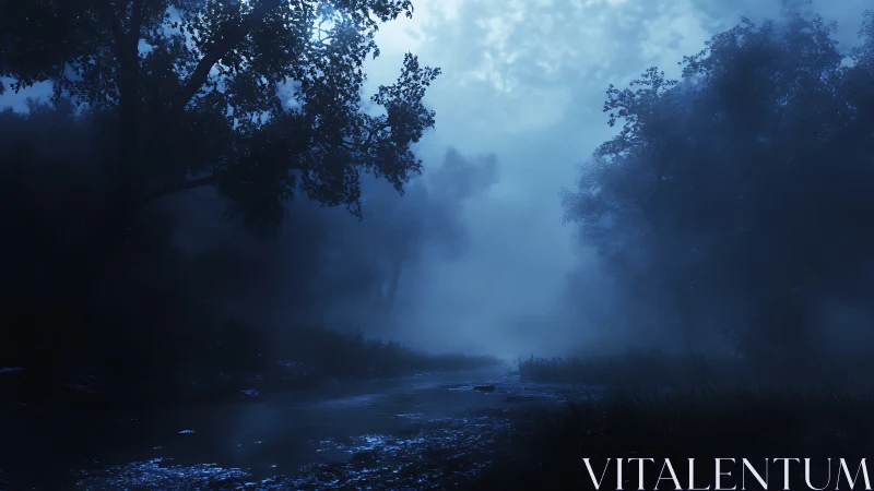 Dense blue fog over forest river in predawn low light.